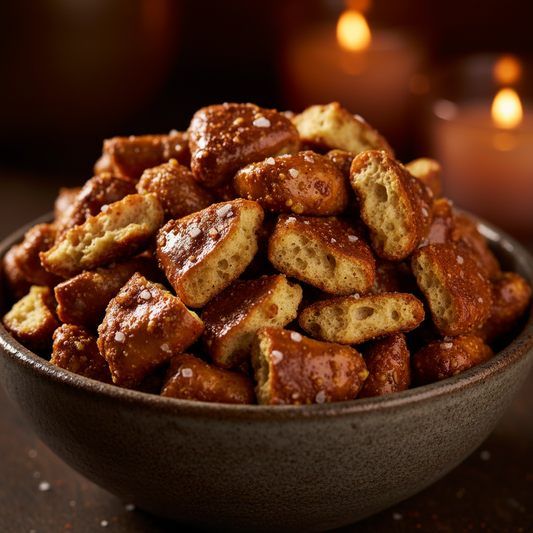 Honey Dijon Crunchers - sourdough pretzel pieces with honey dijon glaze in a dark ceramic bowl
